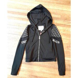 True Religion Y2K Womens XS Monogram Graphic Logo Hooded Gold Zip Jacket Black